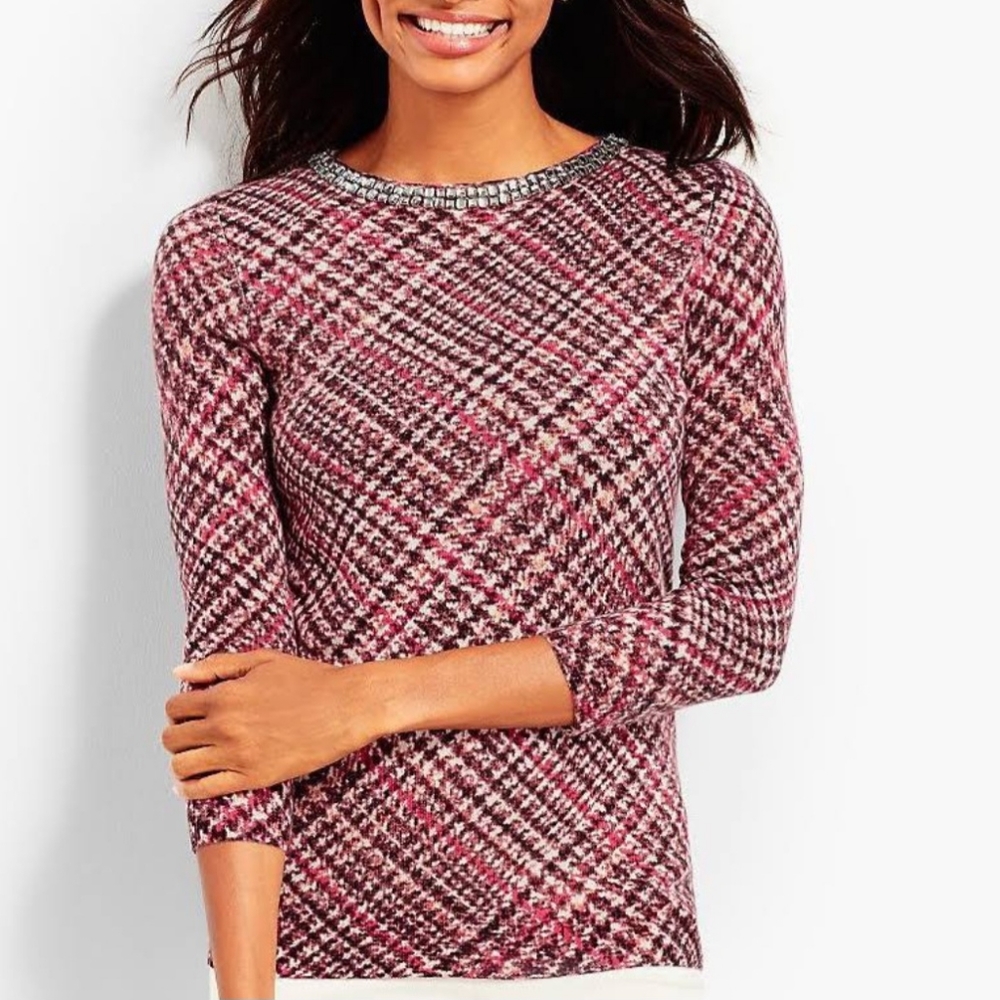 Talbots embellished glen plaid cashmere sweater medium petite